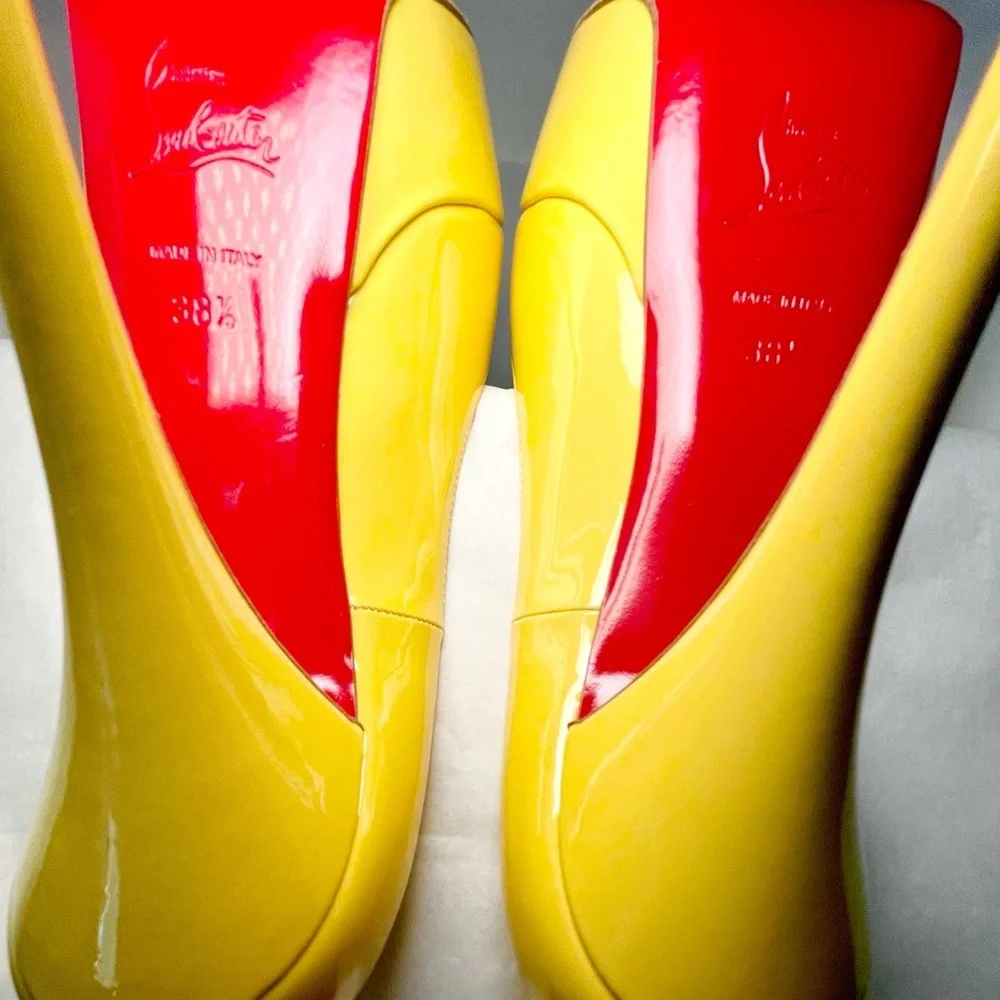 Christian Louboutin ladypeep 140 glossy patent leather yellow peeptoe pumps 38.5